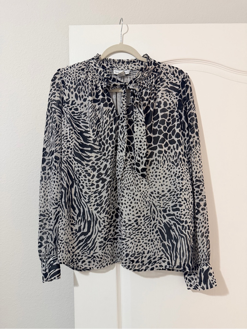 cupcakes & cashmere Black and Cream Animal-Print Tie-Neck Blouse